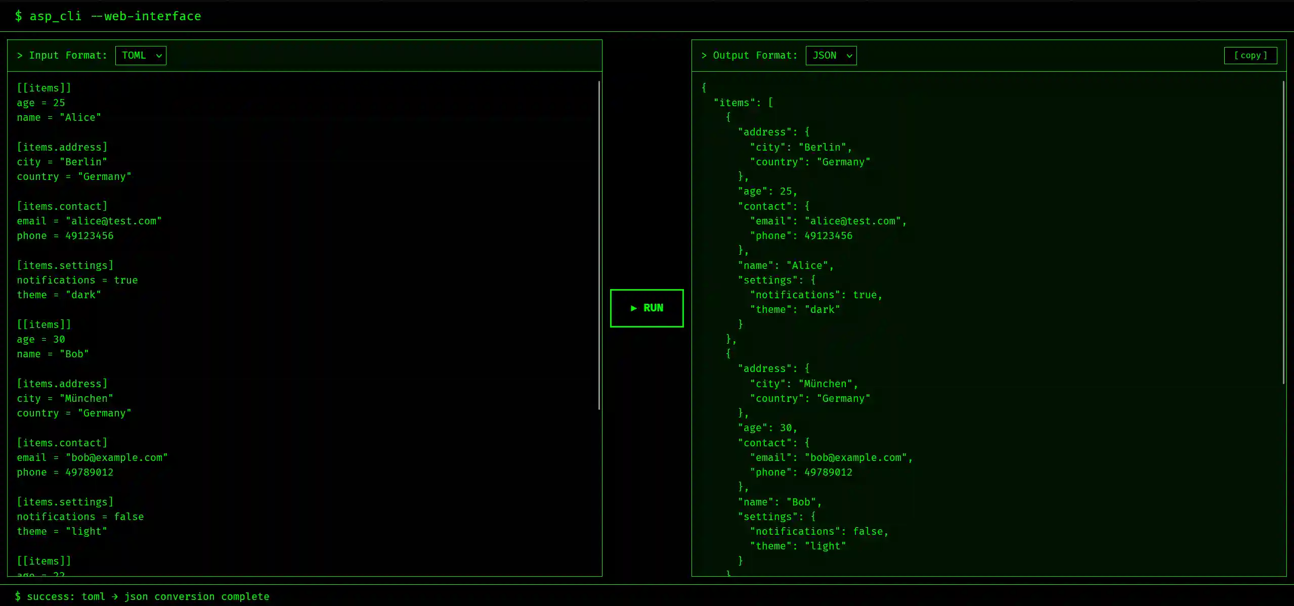 Screenshot des Data Converter (CLI & Web) Projekts